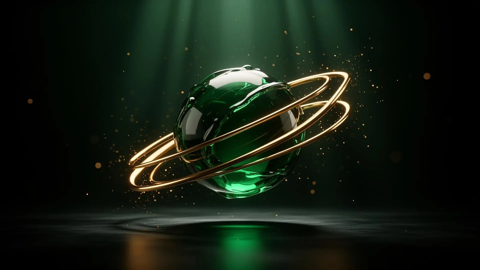 MeriAI 3D emerald orb with gold orbital rings